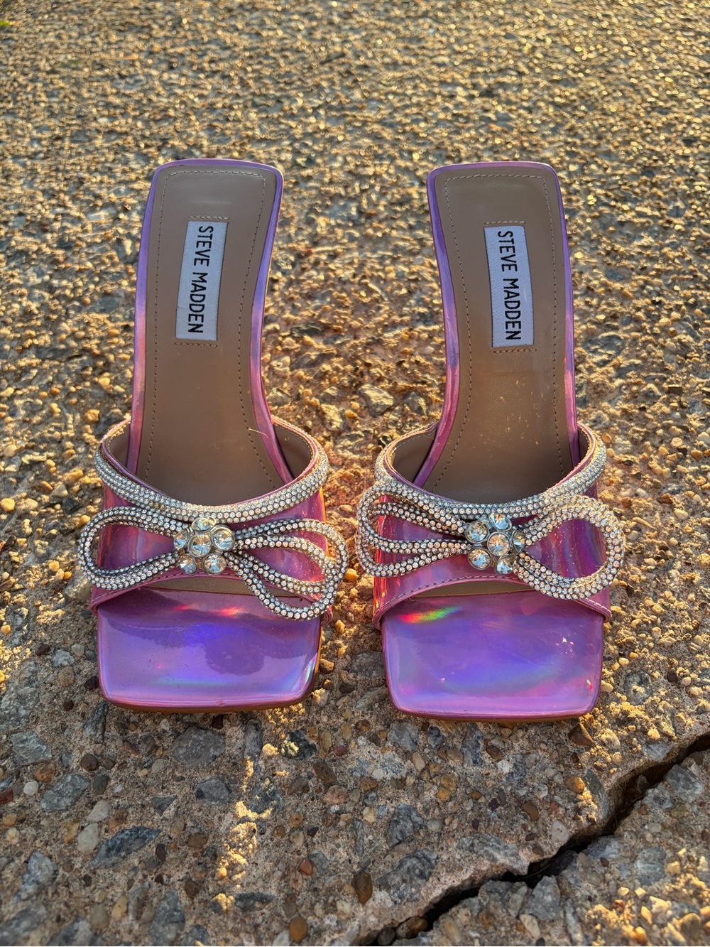 Steve Madden Iridescent Purple Pink Rhinestone Bow Mules